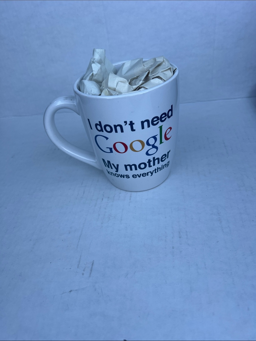 White Ceramic Mug with Colorful 'I Don't Need Google' Design